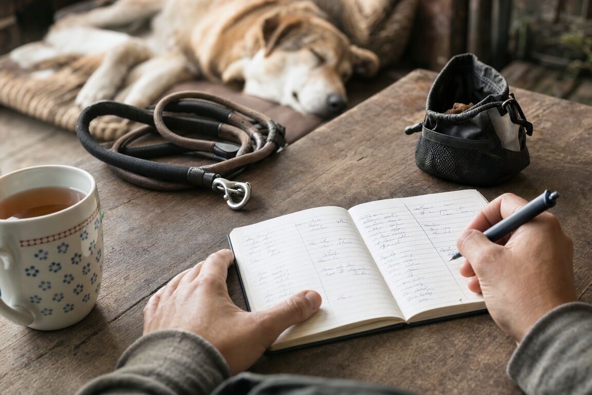 Un caiet cu notițe despre costuri, un calculator și o lesă pe o masă de lucru.