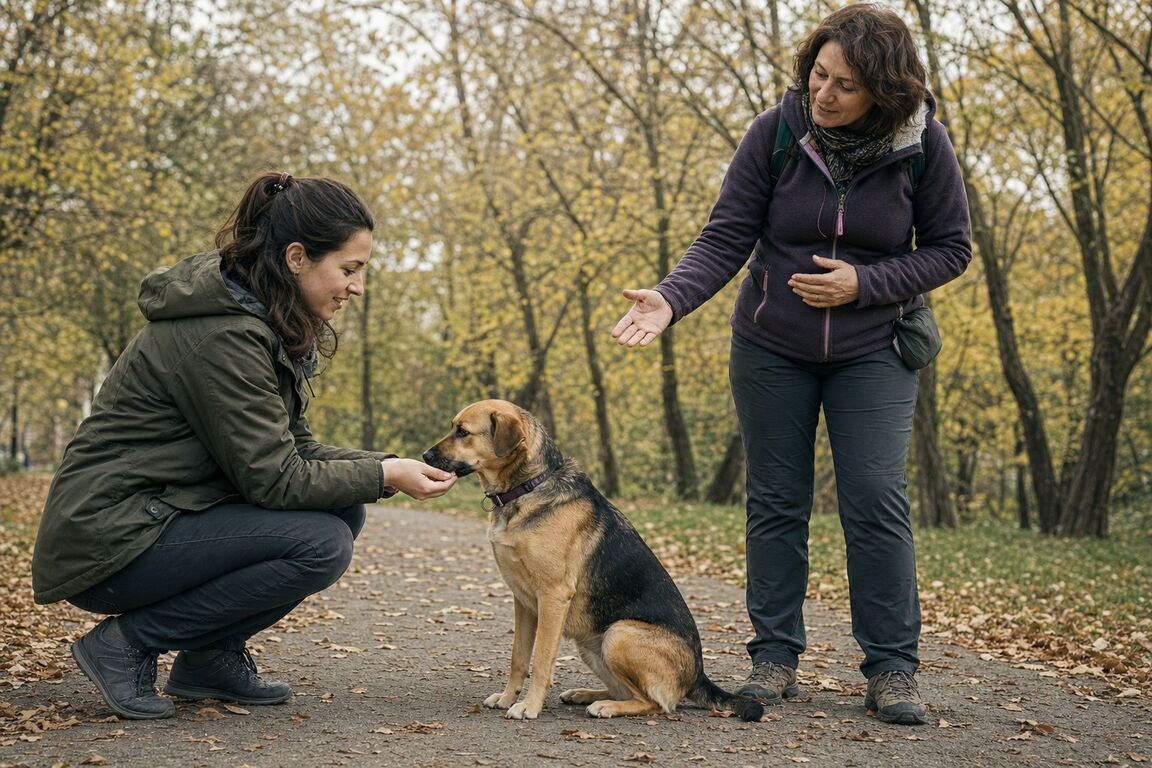 Un câine așezat lângă stăpâna lui, atent la ea, în timpul unei ședințe de dresaj în aer liber.