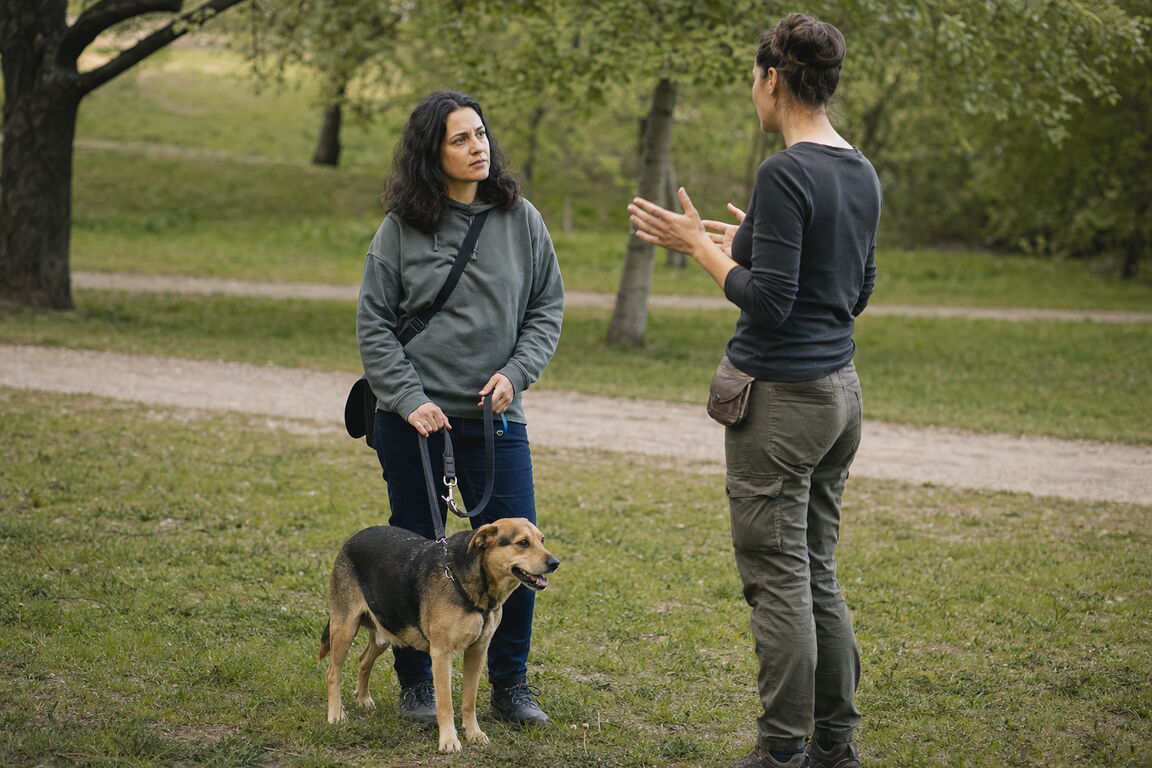 O proprietară își ține câinele aproape, în parc, și ascultă atentă și puțin ezitantă explicațiile unui dresor, pregătită să ceară clarificări.