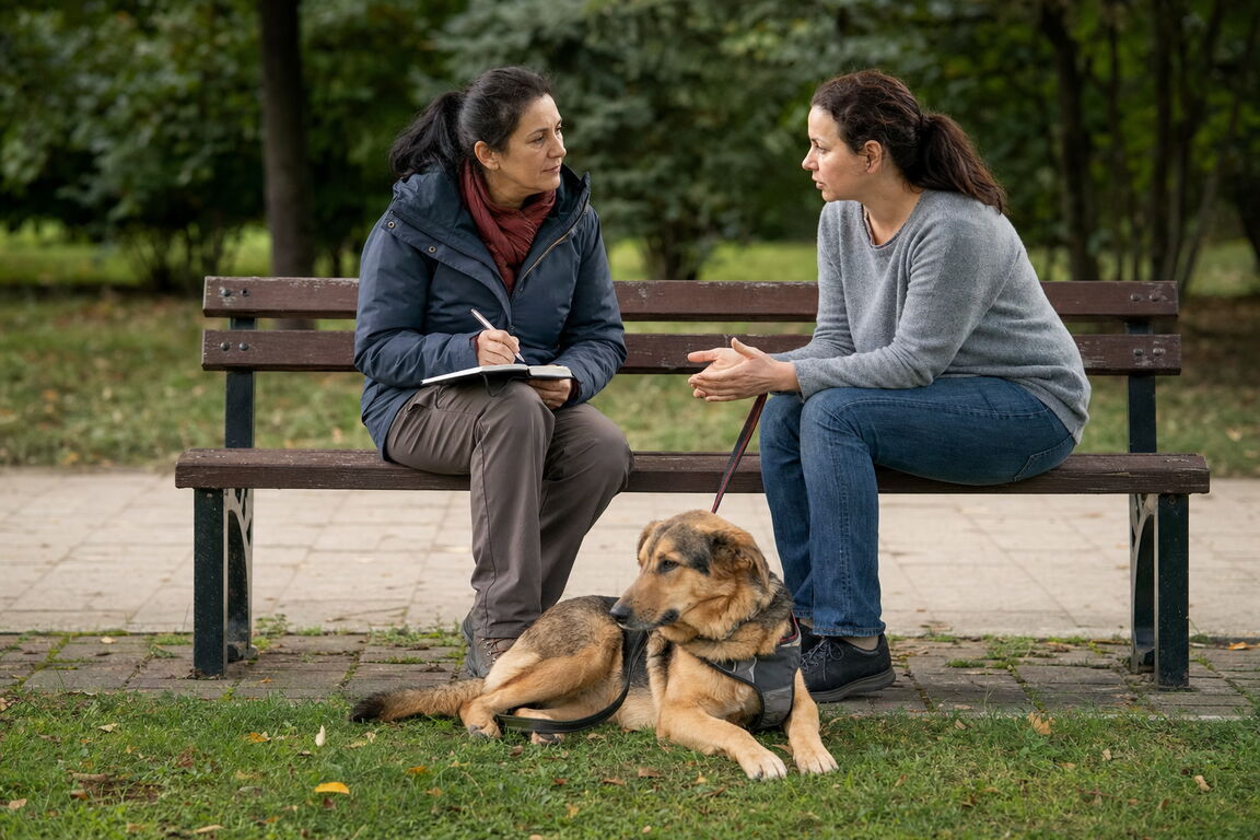 O stăpână și o dresoare discută în parc, lângă un câine relaxat.