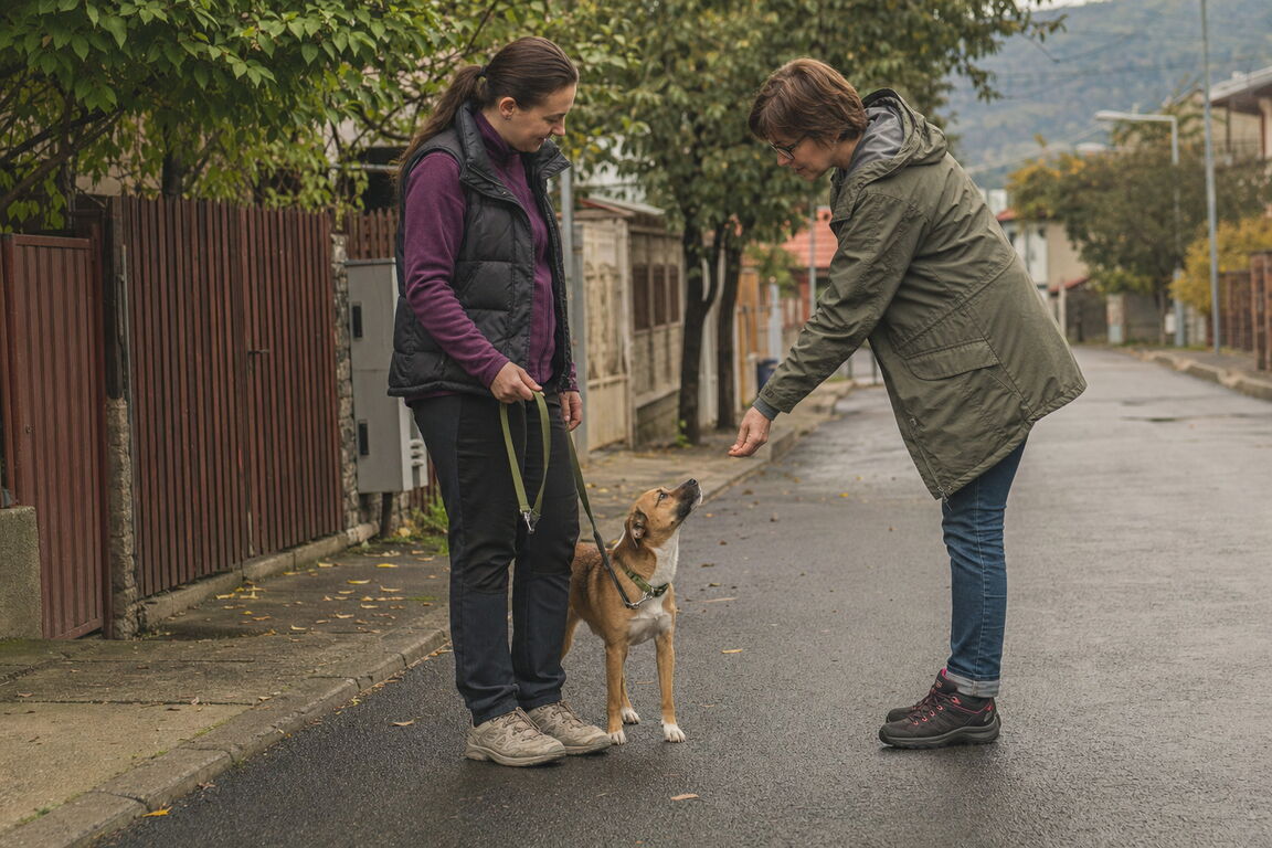 Un câine așezat privește atent spre mâna proprietarului, care îi oferă o recompensă în timpul unui exercițiu în aer liber.